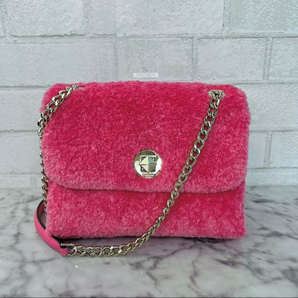 Kate Spade Natalia Pink Faux Fur Small Flap Shoulder Bag Crossbody